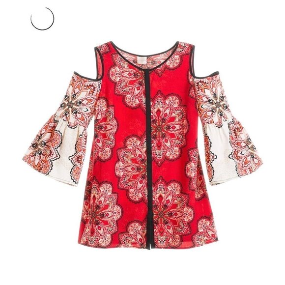 Chico’s Tiled Spice Cold Shoulder top Blouse size 1 M/8 - Picture 4 of 11